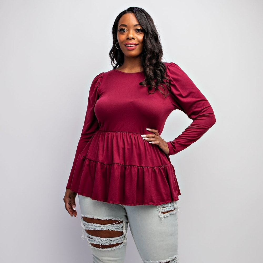 Plus Wine Long Sleeve Tiered Knit Blouse